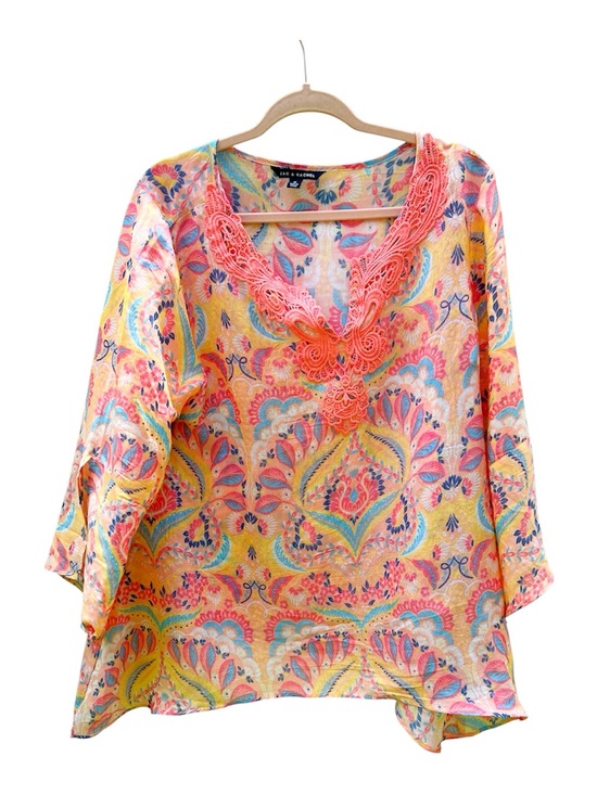 Zac & Rachel Tops - Zac & Rachel Yellow Paisley Tunic with Coral Lace Detail